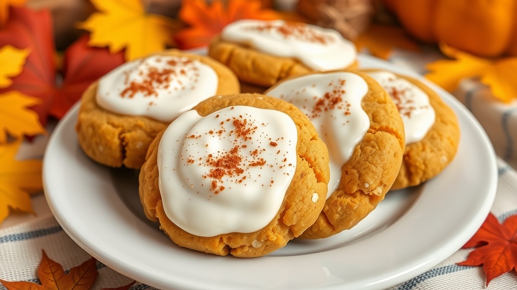 Pumpkin Cheesecake Cookies Recipe A plate of pumpkin cheesecake cookies with cream cheese frosting, surrounded by autumn leaves.